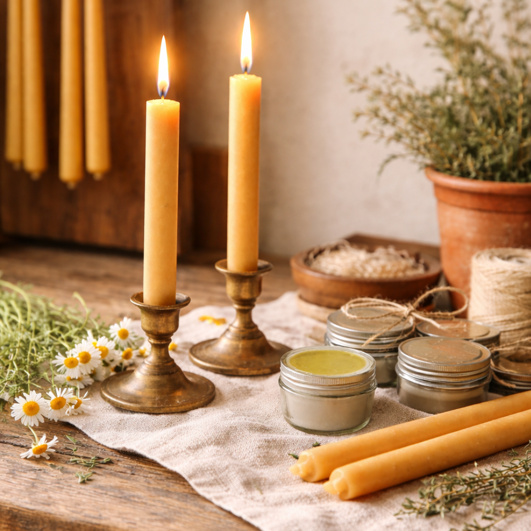 Hand-dipped pure beeswax tapers in brass holders alongside herbal salves, made in Rosedale, BC